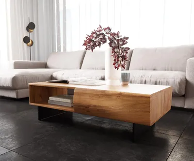 Produktbild von DELIFE Couchtisch New Live-Edge 115x60 cm Akazie Natur 2 Schubladen 1 Fach Fuß schwebend Metall Schwarz