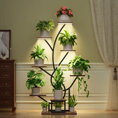 Produktbild von Pflanzenregal Pflanzenständer Blumenregal mit Pflanzenlampe - 8 Ebenen - 126 cm - Metall und Holz