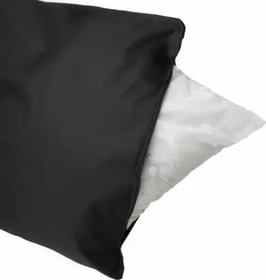 A black pillowcase with a white pillow partially inserted.