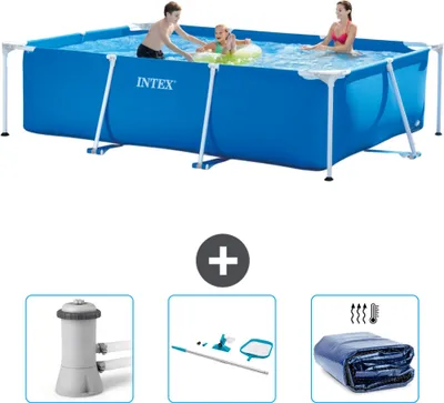 Obrázok produktu pre Bazén Intex s obdĺžnikovým rámom - 300 x 200 x 75 cm - modrý - obsahuje filtračné čerpadlo pre bazén - čistiaca súprava - slnečná strieška