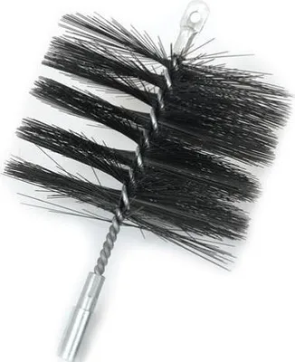 A close-up studio shot of a chimney brush with black bristles and a silver handle, isolated on a white background.