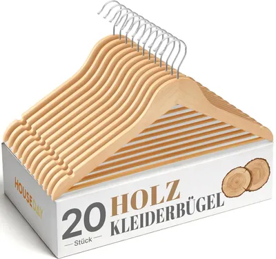 Obrázok produktu pre Drevené ramiarenky na šaty 20 kusov, prírodné drevo, 360° otočný háčik, protišmykové zárezy, pre oblečenie