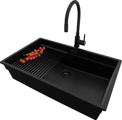 Produktbild von PRIMAGRAN Unterbauspüle Granit Alles Schwarz 76x47cm, Spülbecken 1 Becken + Ablauf-Set + Küchenzubehörset, Granitspüle ab 80er Unterschrank - Praga