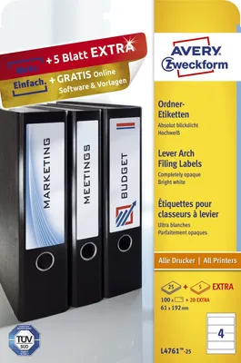 Zdjęcie produktu dla Avery L4761-25, Biały, Zaokrąglony prostokąt, Na stałe, DIN A4, Papier, Laser/Atrament