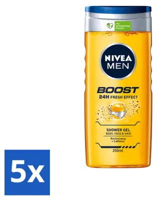 Imagen del producto de 5 unidades de gel de ducha NIVEA MEN Boost, 250 ml cada uno. Paquete económico