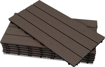 Produktbild von Izrielar WPC Terrassenfliesen 10 m², 30 x 60 cm 60 Stücke, Terrassendielen mit 4 Latten in Holzoptik, für Garten Balkon Bodenbelag mit Drainage und Klicksystem, Kaffee Braun