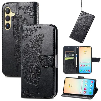 Productafbeelding van Voor Samsung Galaxy S25 Plus 5G: Kunstleren telefoonhoesje met portemonnaie, vlinderdesign, zwart