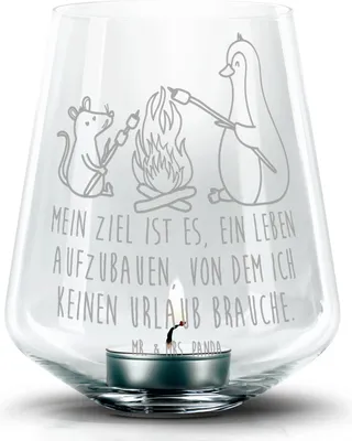 Produktbild von Mr. & Mrs. Panda Glas Windlicht Pinguin Lagerfeuer - Transparent - Geschenk, Kerzenhalter, Büro, Maus, Job, Arbeit, Laterne, gravur