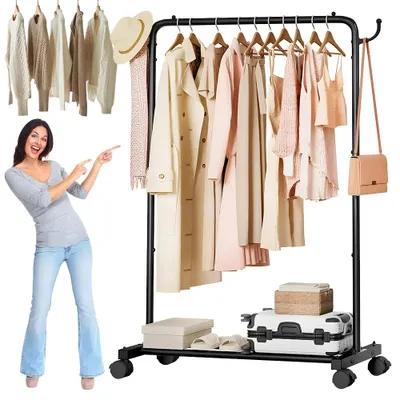 Image de Porte-vêtements autoportant - Porte-manteau - Acier au carbone noir - Extensible - Non pliable - Roulettes verrouillables - Étagère - Barre de suspension