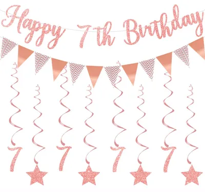 7. Geburtstag Deko Roségold – Banner mit 8 Hängespiralen