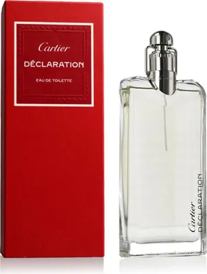 A red box and a clear glass bottle of Cartier Declaration Eau de Toilette.