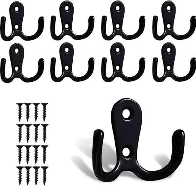 Produktbild von 10 Pcs Doppel Kleiderhaken,Stärker Zinklegierung Schwarz Mantelhaken für Badezimmer Küche, Wandhaken Kleiderbügel mit 20 Schrauben