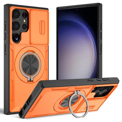 Produktbild von Magnetische Hülle für Samsung Galaxy S22 Ultra, Militär Stoßfest Handyhülle mit Kameraschutz und Ringhalter Ständer Orange