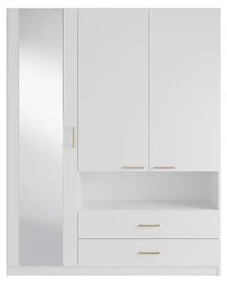 Produktbild von 3-türiger Kleiderschrank, 2 Schubladen und 1 Einlegeboden – Mit Spiegel – H 160 cm – Weiß - LYRIANO