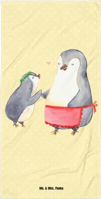 Produktbild von Mr. & Mrs. Panda Strandtuch Pinguin mit Kind - Gelb Pastell - Geschenk, Badehandtuch, Muttertag, Strandlaken, Frotteehandtuch, Mama, Vorbild, Duschhandtuch, Tochter