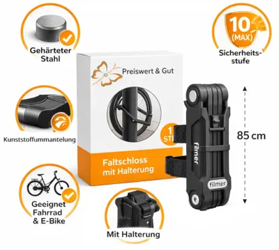 Produktbild von Faltschloss Fahrrad 85cm mit Halterung – Stahl Sicherheitsstufe 10 faltbares Fahrradschloss 2 Schlüsseln für E-Bike