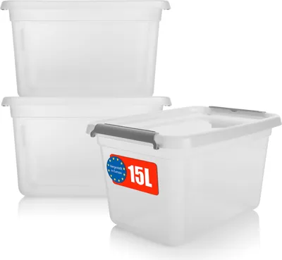 Produktbild von BigDean 3 Stück 15 L Aufbewahrungsbox mit Deckel transparent BPA- frei – stapelbare robuste Aufbewahrungsbox – Aufbewahrungsboxen mit Klickverschluss