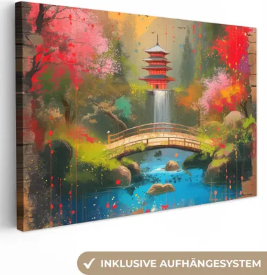 Produktbild von MuchoWow® - Leinwandbilder - Graffiti - Japanischer Garten - Farbenfroh - Japan - Straßenkunst, Wandbild, Wanddeko Bilder Wohnzimmer, 90x60cm