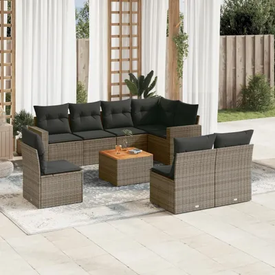 Produktbild von Design 9-tlg. Garten-Sofagarnitur mit Kissen Grau Poly Rattan, Gartenmöbel-Sets 2024 Neu
