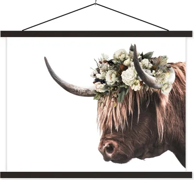 Produktbild von MuchoWow® Textilposter Schottisches Hochlandrind - Rosen - Weiß 40x30 cm mit schwarzem Rahmen - Dekorationen