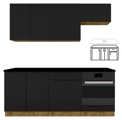 Produktbild von Küchenzeile 200 cm Schwarz Matt - ohne Arbeitsplatte - MDF - moderne Küchenmöbel-Set - Schubladen mit Soft-Close - ISABEL