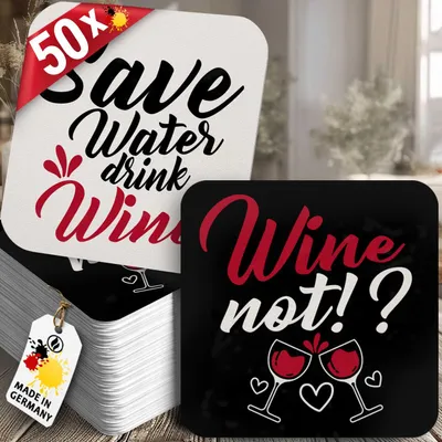 Produktbild von 50 Bierdeckel Sprüche Wein, Party Deko, Schwarz-Weiß Quadratisch Modern
