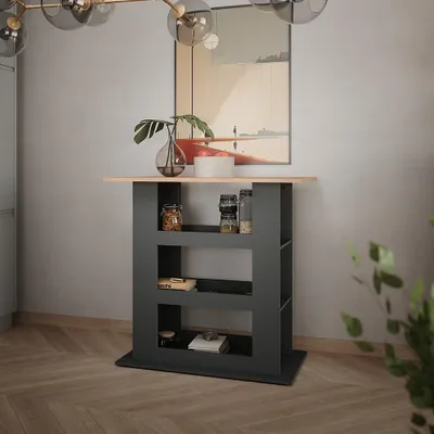 A modern bar table with shelves in a room setting.
