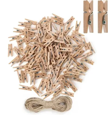 Produktbild von Holzwäscheklammern - 100 Wiederverwendbare Mini-Klammern - Multifunktional - 10 m Juteschnur - Für Fotos, Basteln und Dekoration - 2,5 x 0,3 cm