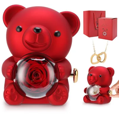 Image de Boîte cadeau ours en peluche avec roses, collier, boîte à bijoux, couleur rouge