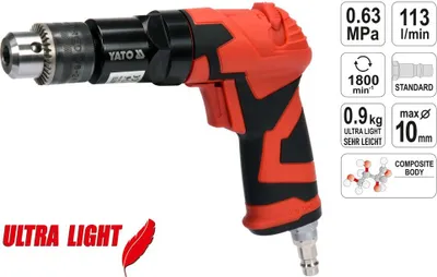 A red and black air drill with specifications displayed.
