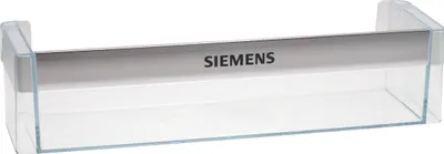 A clear plastic refrigerator shelf with a silver trim and the Siemens logo.