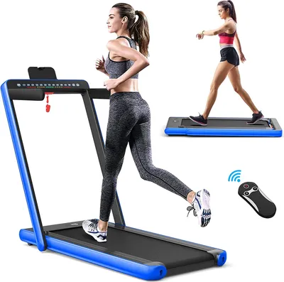 A woman is running on a blue and black treadmill, with a smaller inset image showing another woman walking on a similar treadmill. A remote control is also visible.