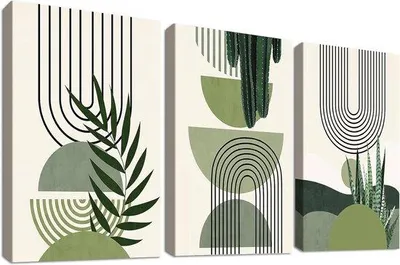 Image de Cadre photo - Motifs géométriques - Lot de 3 - Vert et beige - Bois et toile - 90 x 40 cm