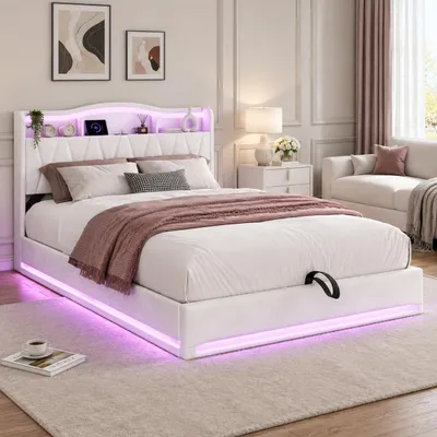 Imagen del producto de INONEFT, Cama hidráulica de 140 x 200 cm, cama tapizada con USB y LED, cama para adultos con espacio de almacenamiento y somier, cama doble, terciopelo, color crema
