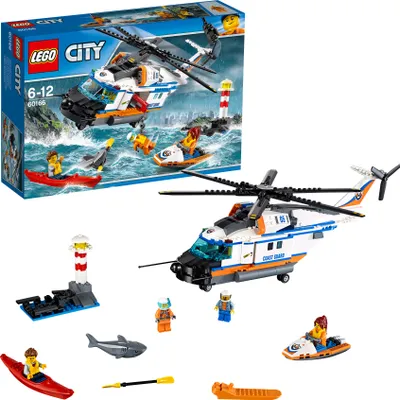 A collage showing the LEGO City Coast Guard helicopter set, including the box art and the assembled toy.