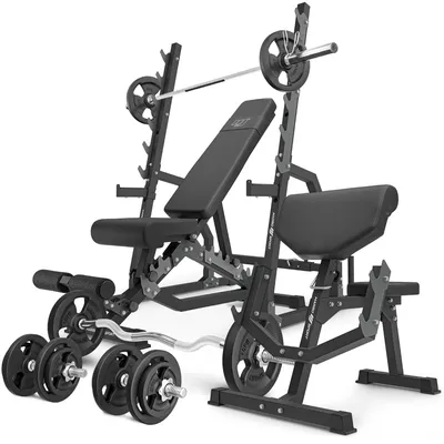 Produktbild von Marbo Sport - Set MS6_2.0_83KG | Doppelseitige Bank + verstellbare Hantelablage + Scott Bank - mit höhenverstellbaren Armpolster + Stangen- und Hantelscheiben Set 83 kg