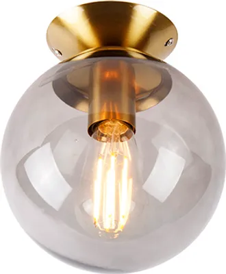 A close-up view of a ceiling lamp with a brass base and a smoky glass globe.