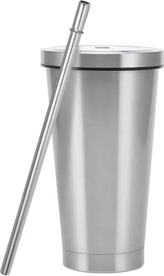 Productafbeelding van RVS beker - Dubbelwandige beker - Geschikt voor warme en koude dranken - Met deksel en rietje - 500 ml - Zilverkleurig