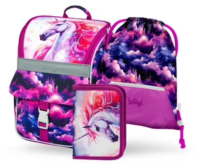A set of school supplies with a unicorn theme, including a backpack, pencil case, and drawstring bag, displayed against a white background.