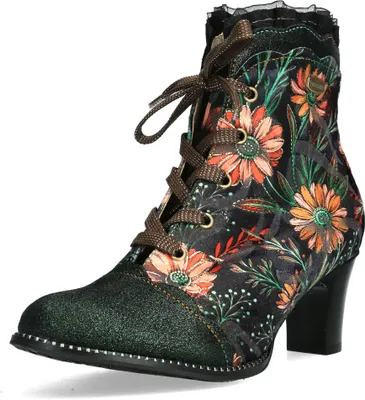 Produktbild von Laura Vita Damen Stiefelette Leder Blumenmuster Cap Toe und Rüschen Elcodieo 24, Größe:38 EU, Farbe:Grün