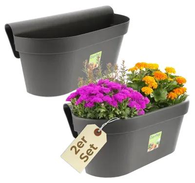Produktbild von 2er Set Geländerkasten Balkon mit Wasserspeicher Blumentopf Zaun Blumenkasten Geländer Balkontopf Balkonkasten Blumenkasten Balkon Pflanzkasten Blumenkästen Anthrazit