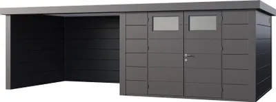 Produktbild von Telluria Metallgerätehaus Classico 3330 mit Lounge Anbau (ca. 450 cm Breite) granitgrau/anthrazit Lounge-Anbau links