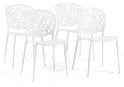 Image de Lot de 4 chaises empilables pour l'intérieur et l'extérieur en polypropylène renforcé de fibre de verre, dossier à motif de feuilles, pour jardin, terrasse, bar, restaurant - Licia Blanc