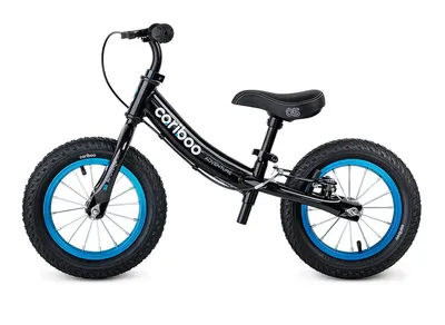 A black balance bike with blue rims, shown against a white background.