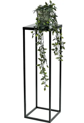A black metal plant stand with a potted plant on top, with the plant's vines hanging down.