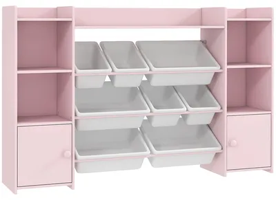 Zdjęcie produktu dla Półka na książki dla dzieci z 8 koszami na zabawki | Kolor: różowy, biały | Wymiary: 30x140x90 cm
