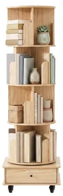 Immagine prodotto di Libreria girevole a 360° con rotelle e cassetto inferiore, 5 ripiani, legno naturale, 46x46x147 cm