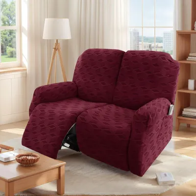 Image de Housse de fauteuil stretch en jacquard, couleur bordeaux, avec sacs de rangement