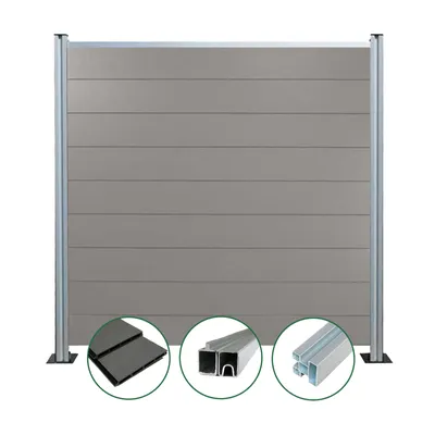Produktbild von Woodstore24 - WPC Sichtschutzzaun - grau – 5 x Zaun & 6 x Pfosten - 185 cm x 180 cm - Gartenzaun Komplettset - inkl. Pfosten Silber eloxiert