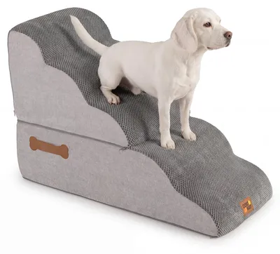 Produktbild von KOMFOTTEU Hundetreppe, Hunderampe aus hochdichtem Schaumstoff mit waschbarem Bezug, rutschfeste Unterseite, Reißverschluss, Fusselbürste, Haustiertreppe, Hundeleiter für Auto, Sofa, Bett, 4/5 Stufen, grau